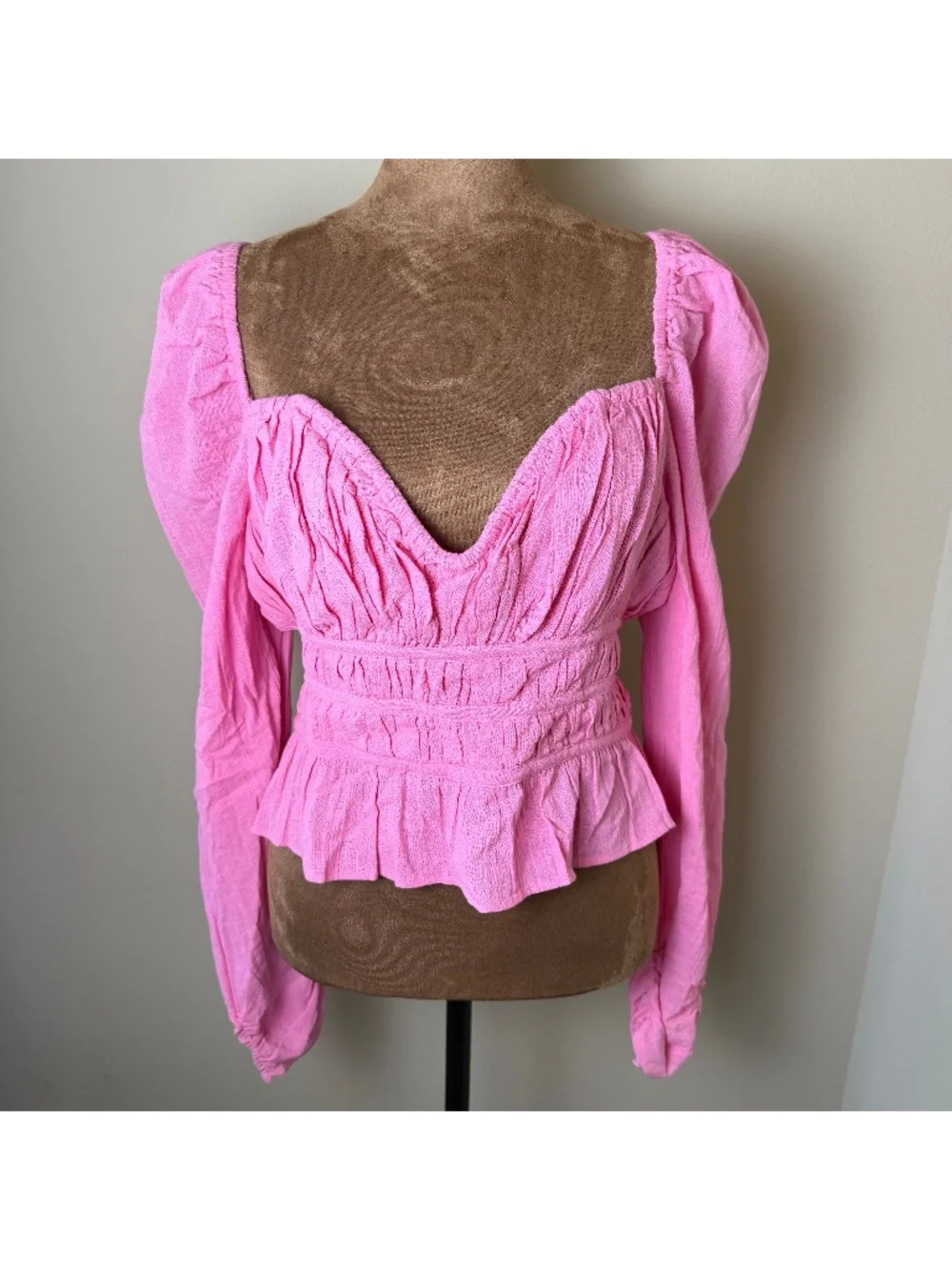 Free People Chloe Milkmaid Blouse Womens Medium Pink Smocked Puff Sleeve Shirt